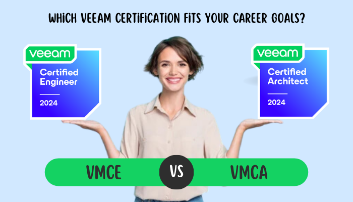 A woman smiling and holding two badges representing Veeam certifications. On her left, a badge reads 'Veeam Certified Engineer 2024 (VMCE)' and on her right, a badge reads 'Veeam Certified Architect 2024 (VMCA)'. Below her, a comparison is displayed with 'VMCE vs VMCA' written in the middle. The text above asks, 'Which Veeam Certification Fits Your Career Goals?