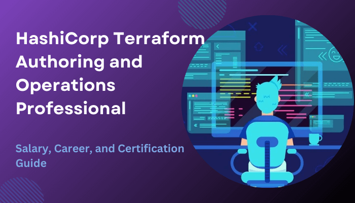 Illustration of a person working on multiple screens with code, featuring the text 'HashiCorp Terraform Authoring and Operations Professional - Salary, Career, and Certification Guide' on a purple background.